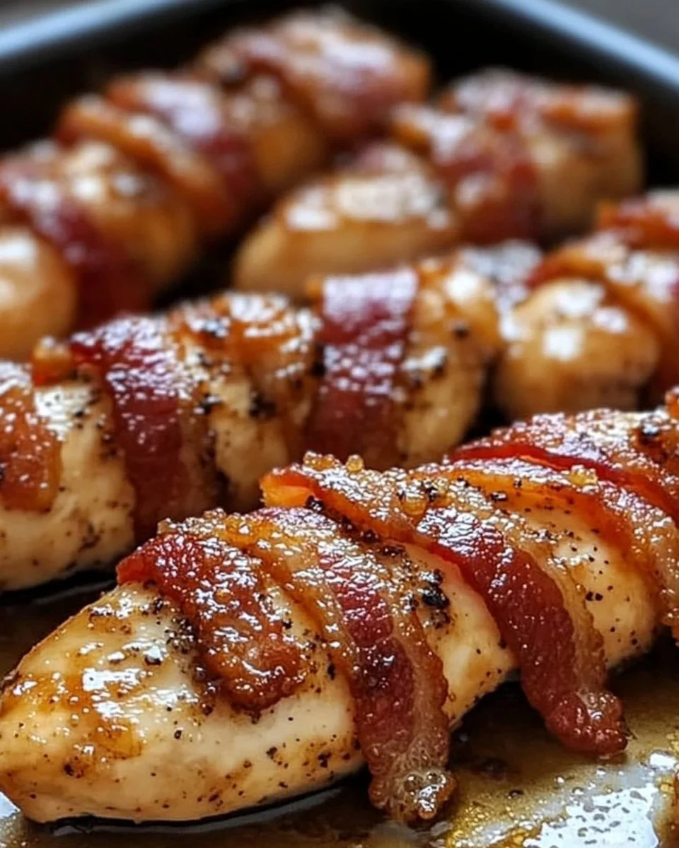 Delicious Bacon Brown Sugar Chicken Tenders garnished and served on a plate
