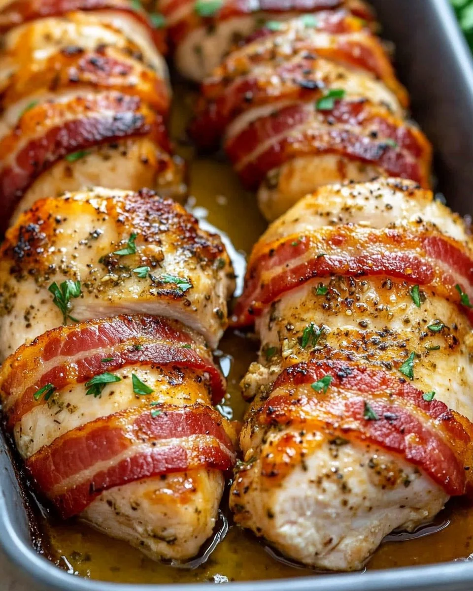 Bacon Wrapped Garlic Parmesan Chicken served on a white plate with herbs