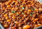 Baked beans casserole with ground beef in a dish, garnished and ready to serve