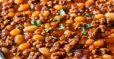 Baked beans casserole with ground beef in a dish, garnished and ready to serve
