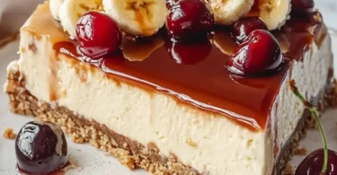 Delicious banana cheesecake with banana mousse and cherry topping served on a plate.