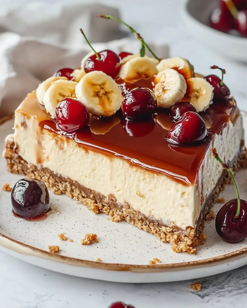 Delicious banana cheesecake with banana mousse and cherry topping served on a plate.