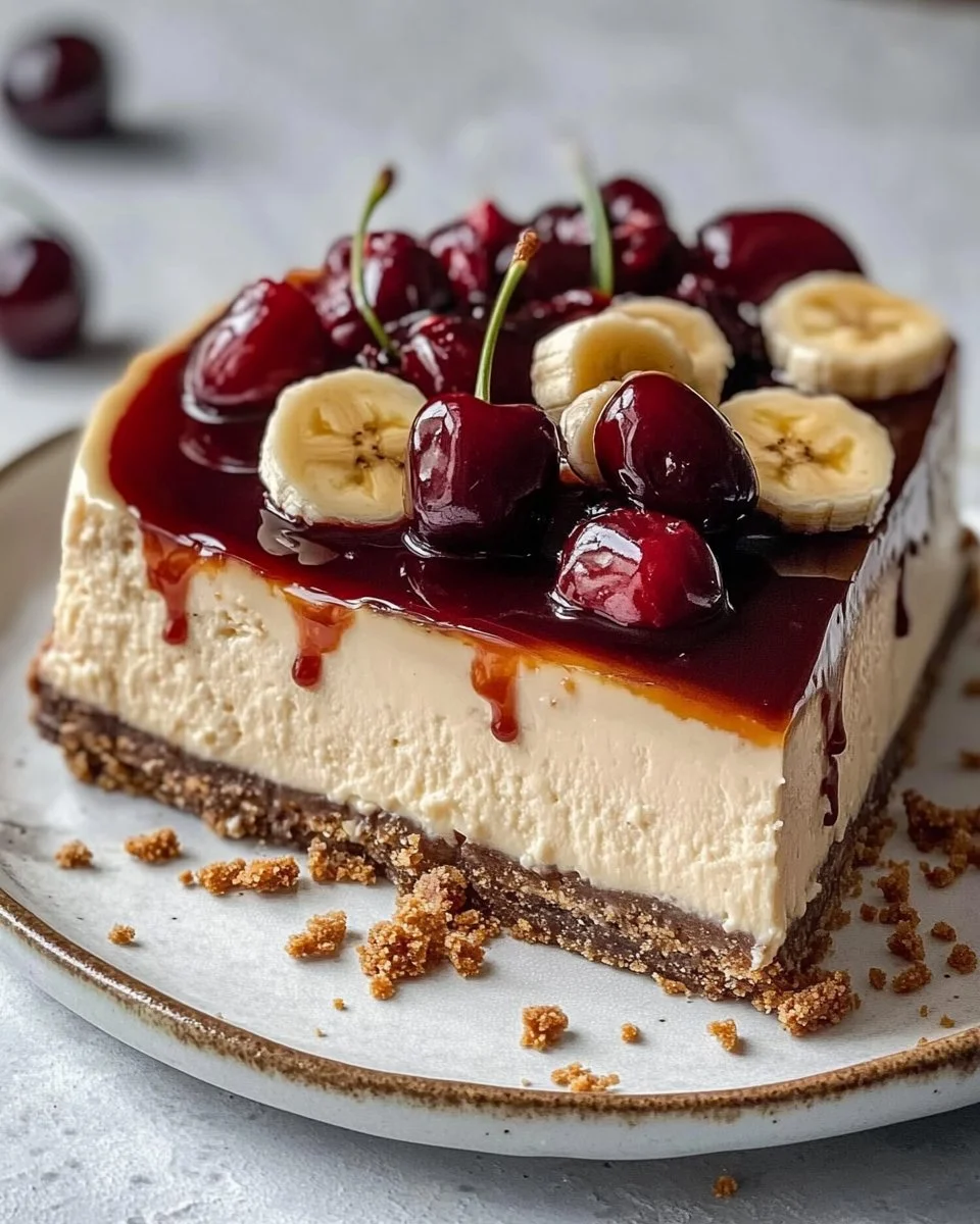 Banana Cheesecake with Banana Mousse and Cherry Topping