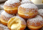 Delicious Bomboloni, soft Italian doughnuts filled with sweet cream and sugar.