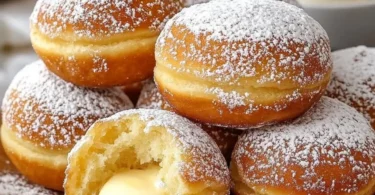 Delicious Bomboloni, soft Italian doughnuts filled with sweet cream and sugar.