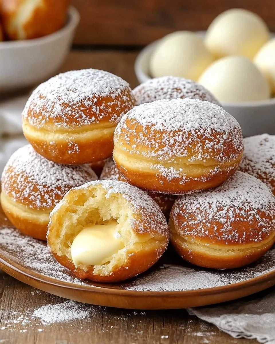 Delicious Bomboloni, soft Italian doughnuts filled with sweet cream and sugar.