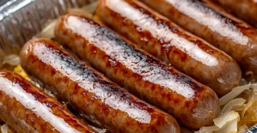 Grilled bratwurst sausages served with sauerkraut and mustard on a wooden platter.