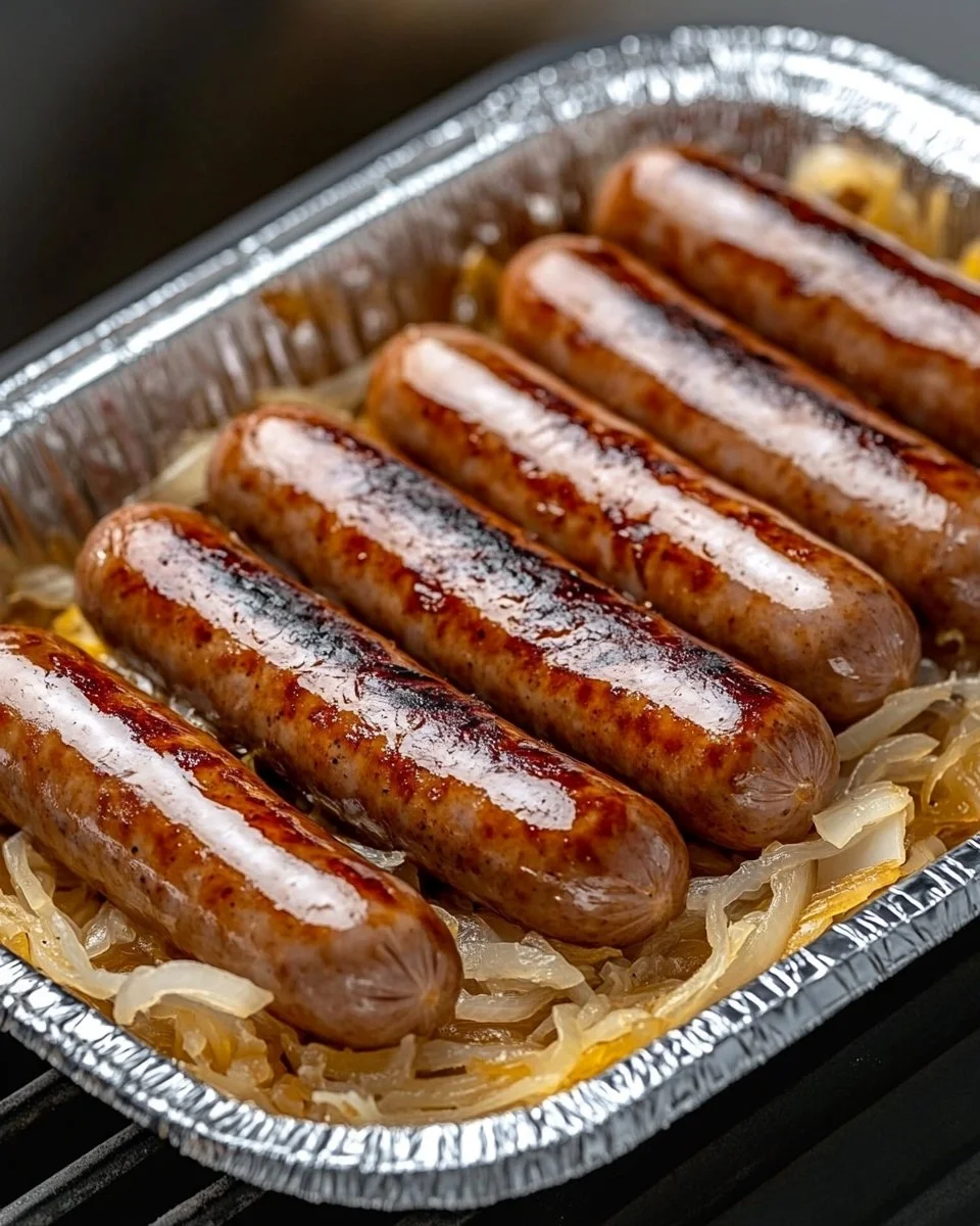 Grilled bratwurst sausages served with sauerkraut and mustard on a wooden platter.