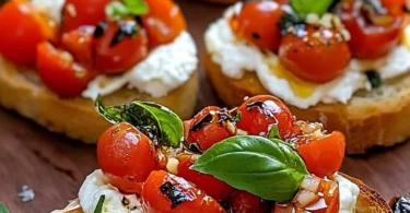 Delicious Burrata Bruschetta topped with fresh tomatoes and basil