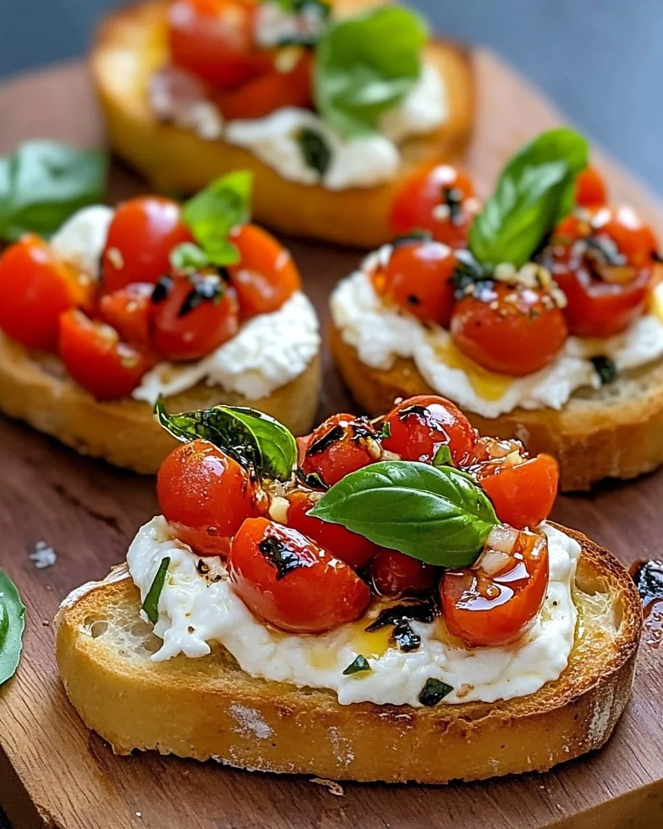 Delicious Burrata Bruschetta topped with fresh tomatoes and basil