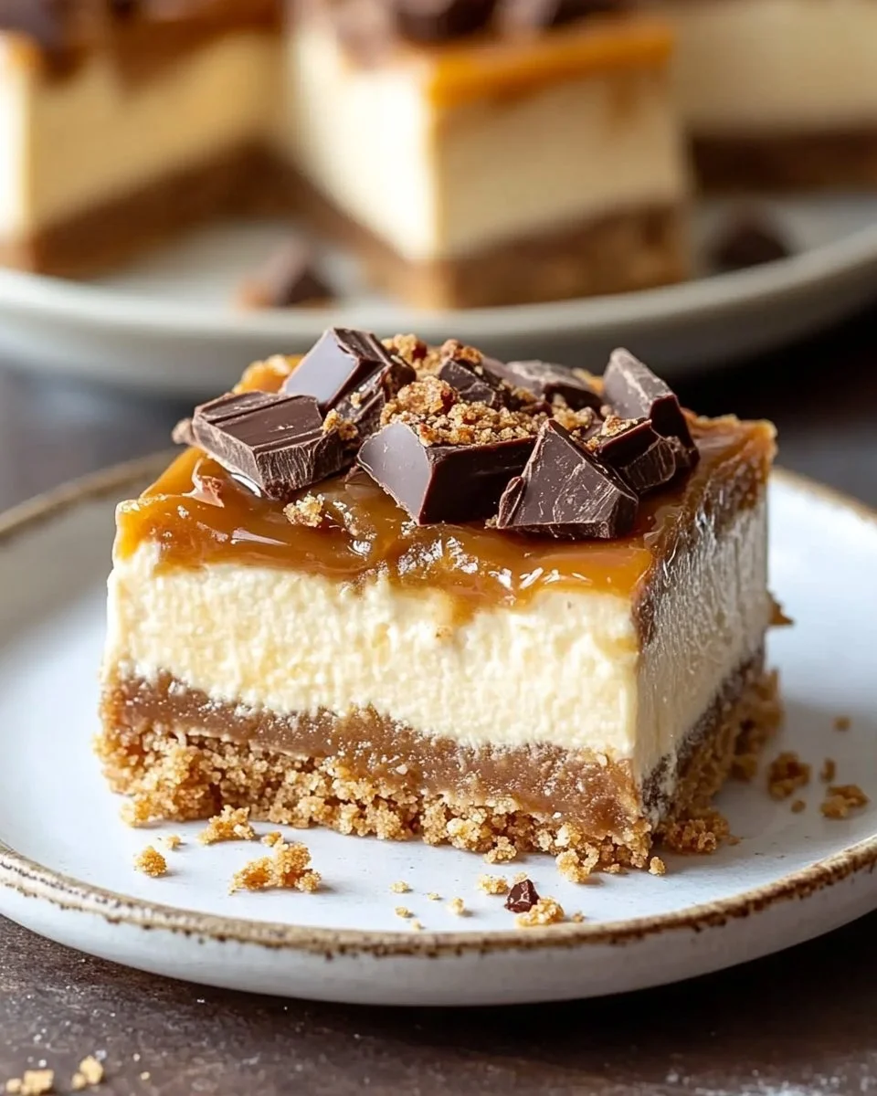 Delicious Butterfinger caramel cheesecake bars with a creamy layer and crunchy topping