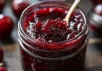 Jar of Cherry-Black Pepper Fire Jam showcasing its rich color and texture.