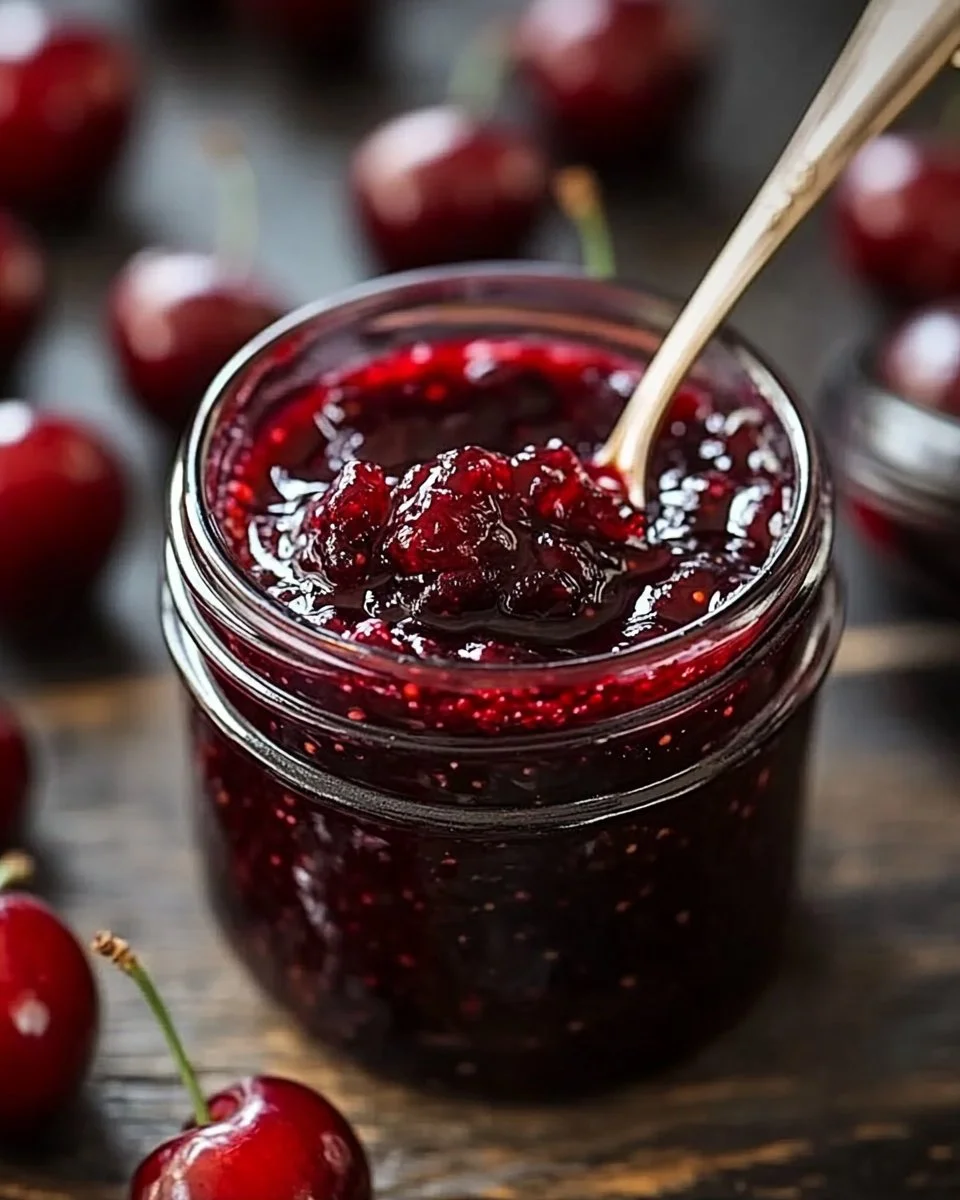 Jar of Cherry-Black Pepper Fire Jam showcasing its rich color and texture.