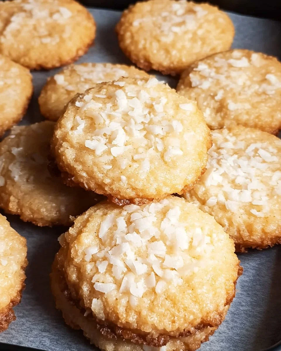 Delicious chewy coconut cookies on a wooden surface