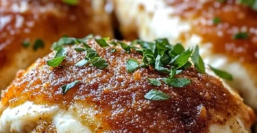 Chicken Parmesan stuffed with cream cheese served on a plate with herbs