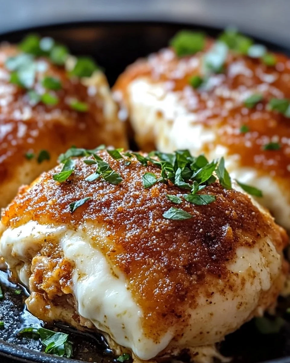 Chicken Parmesan stuffed with cream cheese served on a plate with herbs