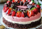 Chocolate Covered Strawberry Cheesecake Layer Cake with fresh strawberries on top