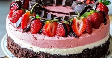 Chocolate Covered Strawberry Cheesecake Layer Cake with fresh strawberries on top