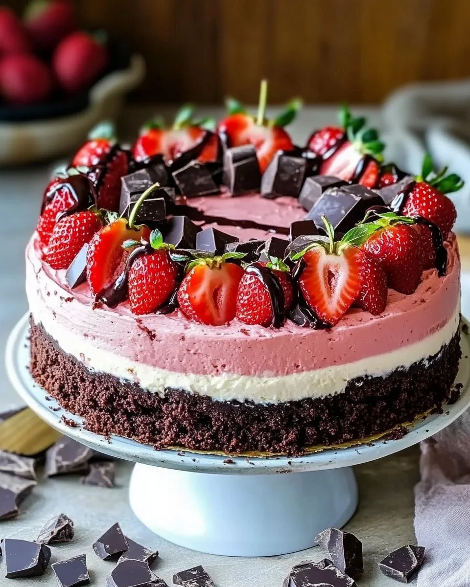 Chocolate Covered Strawberry Cheesecake Layer Cake with fresh strawberries on top