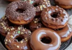 Freshly baked chocolate donuts with a glossy glaze and sprinkles