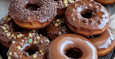 Freshly baked chocolate donuts with a glossy glaze and sprinkles