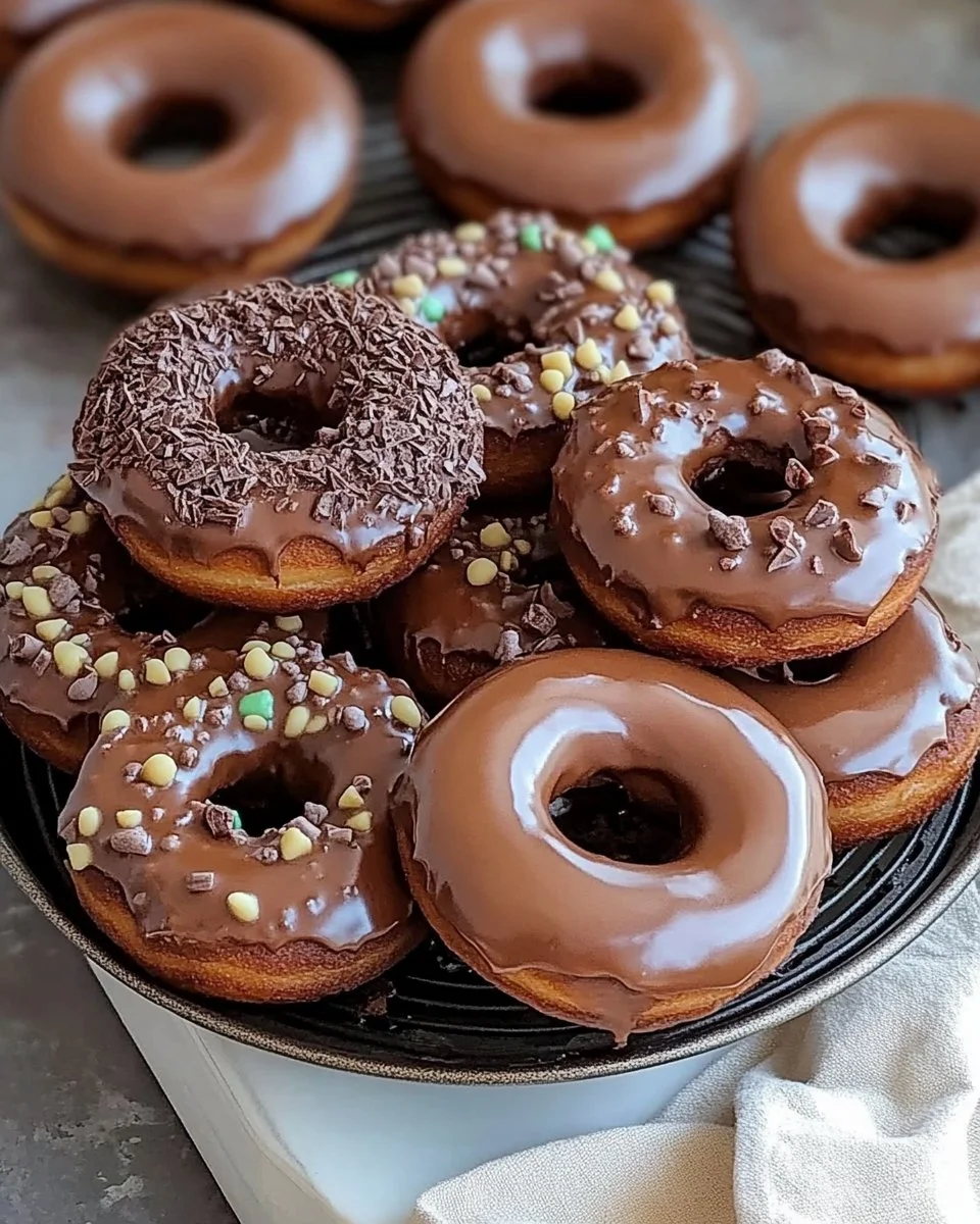Freshly baked chocolate donuts with a glossy glaze and sprinkles