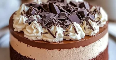 Decadent Chocolate Mousse Cake topped with chocolate shavings and berries