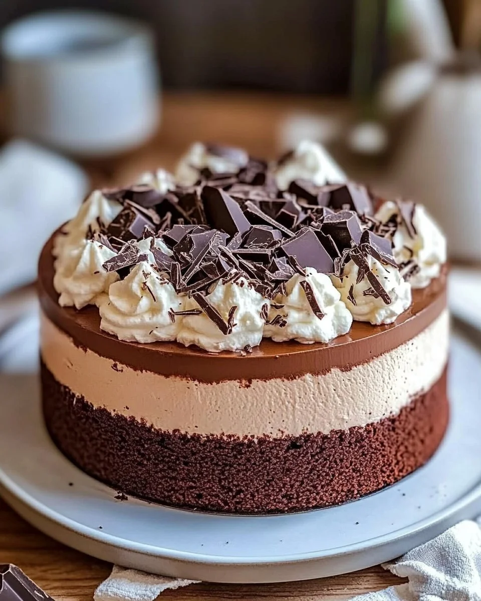 Decadent Chocolate Mousse Cake topped with chocolate shavings and berries