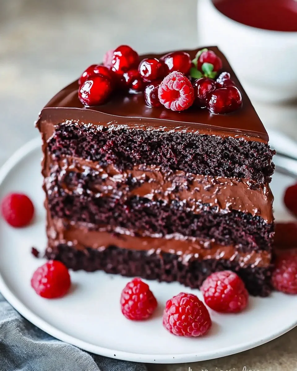 Delicious Chocolate Raspberry Truffle Cake topped with fresh raspberries and chocolate shavings.