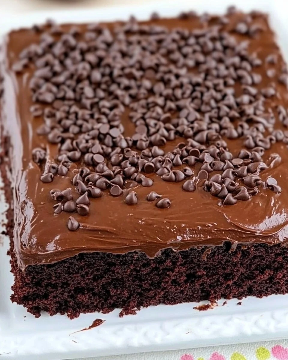 Delicious chocolate sheet cake topped with rich chocolate frosting