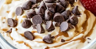 Cookie Dough Greek Yogurt Dip served in a bowl with cookie crumbles and chocolate chips