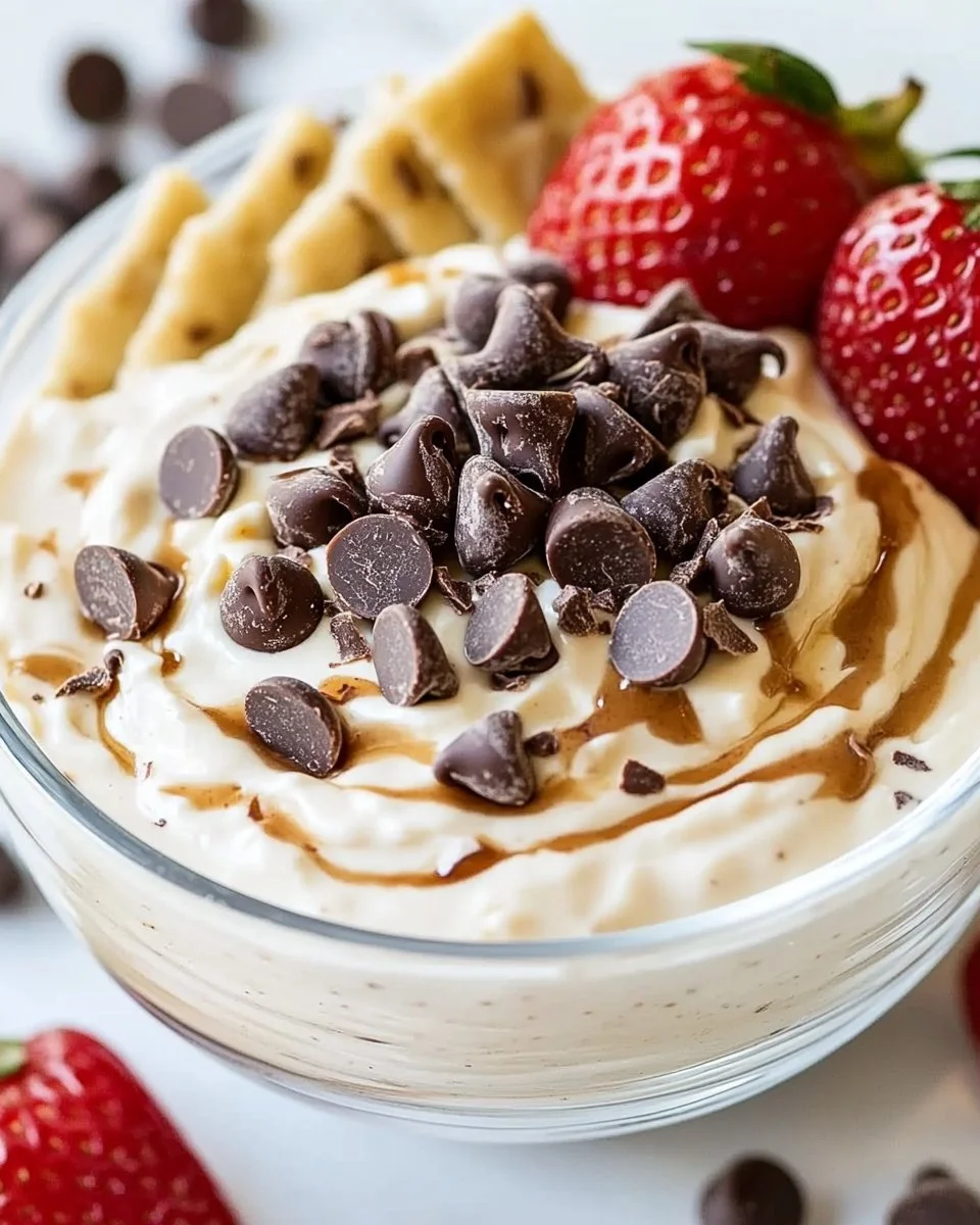 Cookie Dough Greek Yogurt Dip served in a bowl with cookie crumbles and chocolate chips