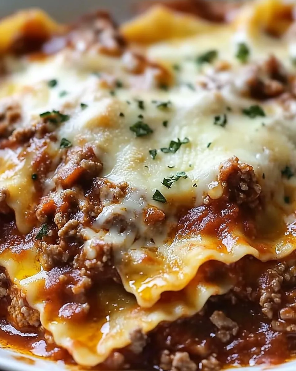 Crockpot Ravioli Lasagna with layers of cheese and pasta in a savory sauce