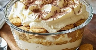 Delicious custard biscuit pudding served in a bowl with a spoon