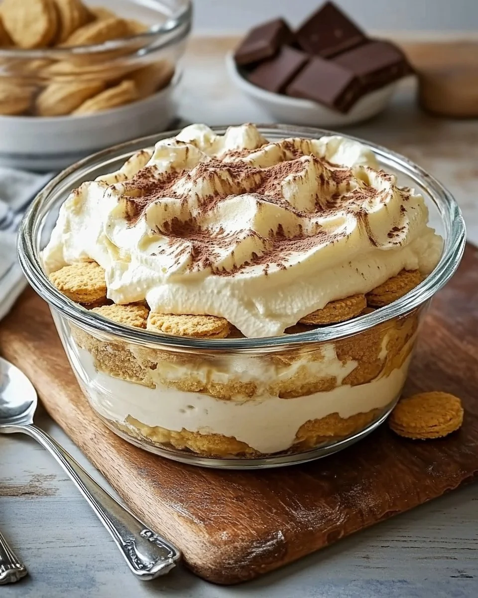 Delicious custard biscuit pudding served in a bowl with a spoon