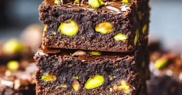 Decadent fudgy pistachio brownies topped with nuts and drizzled chocolate