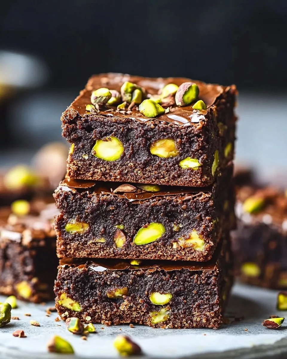 Decadent fudgy pistachio brownies topped with nuts and drizzled chocolate