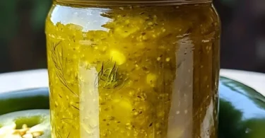 Bottle of dill pickle hot sauce on a wooden surface