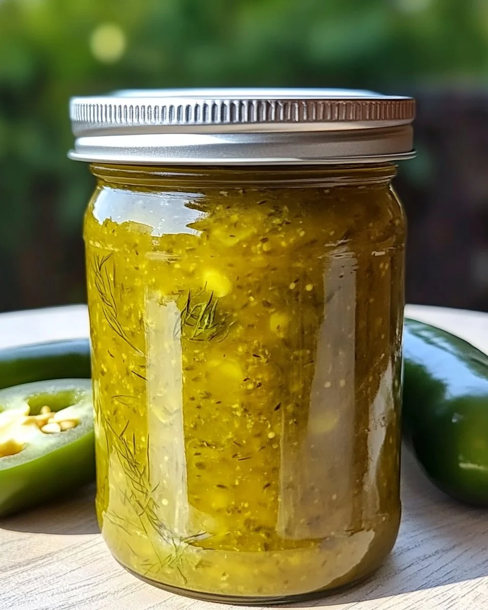 Bottle of dill pickle hot sauce on a wooden surface