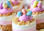Easter no-bake mini cheesecakes decorated for a festive celebration