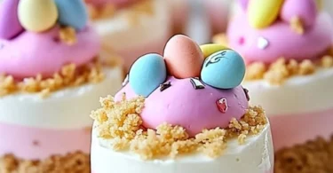 Easter no-bake mini cheesecakes decorated for a festive celebration