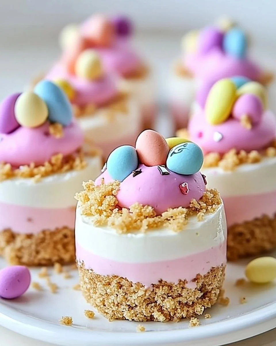 Easter no-bake mini cheesecakes decorated for a festive celebration