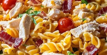 A bowl of Easy Chicken Club Pasta Salad garnished with fresh herbs and vegetables.