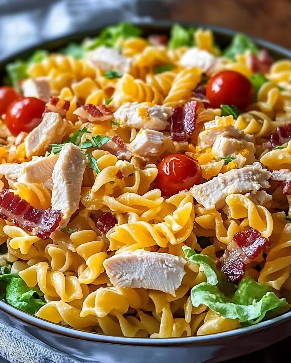 A bowl of Easy Chicken Club Pasta Salad garnished with fresh herbs and vegetables.