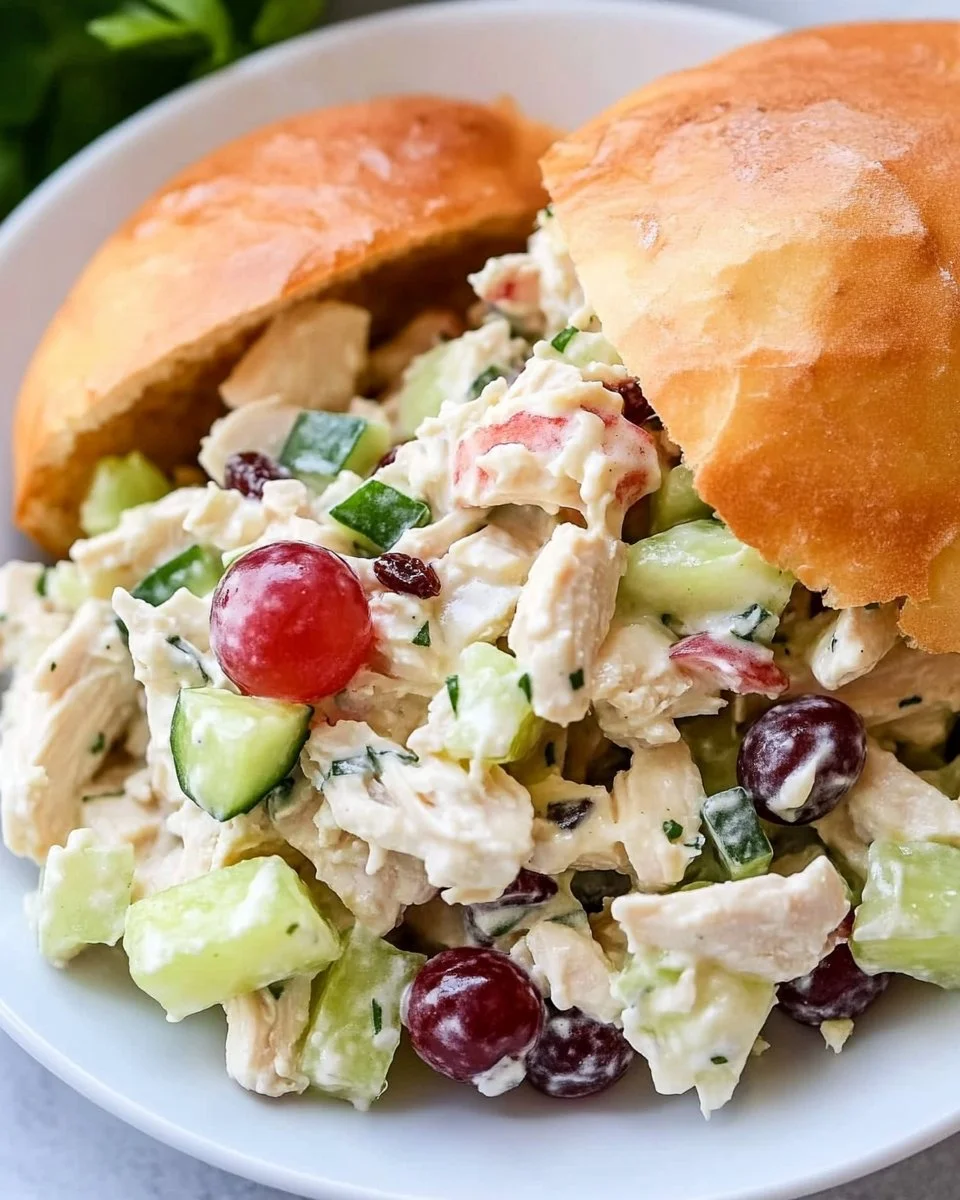 Delicious easy chicken salad with fresh vegetables and herbs