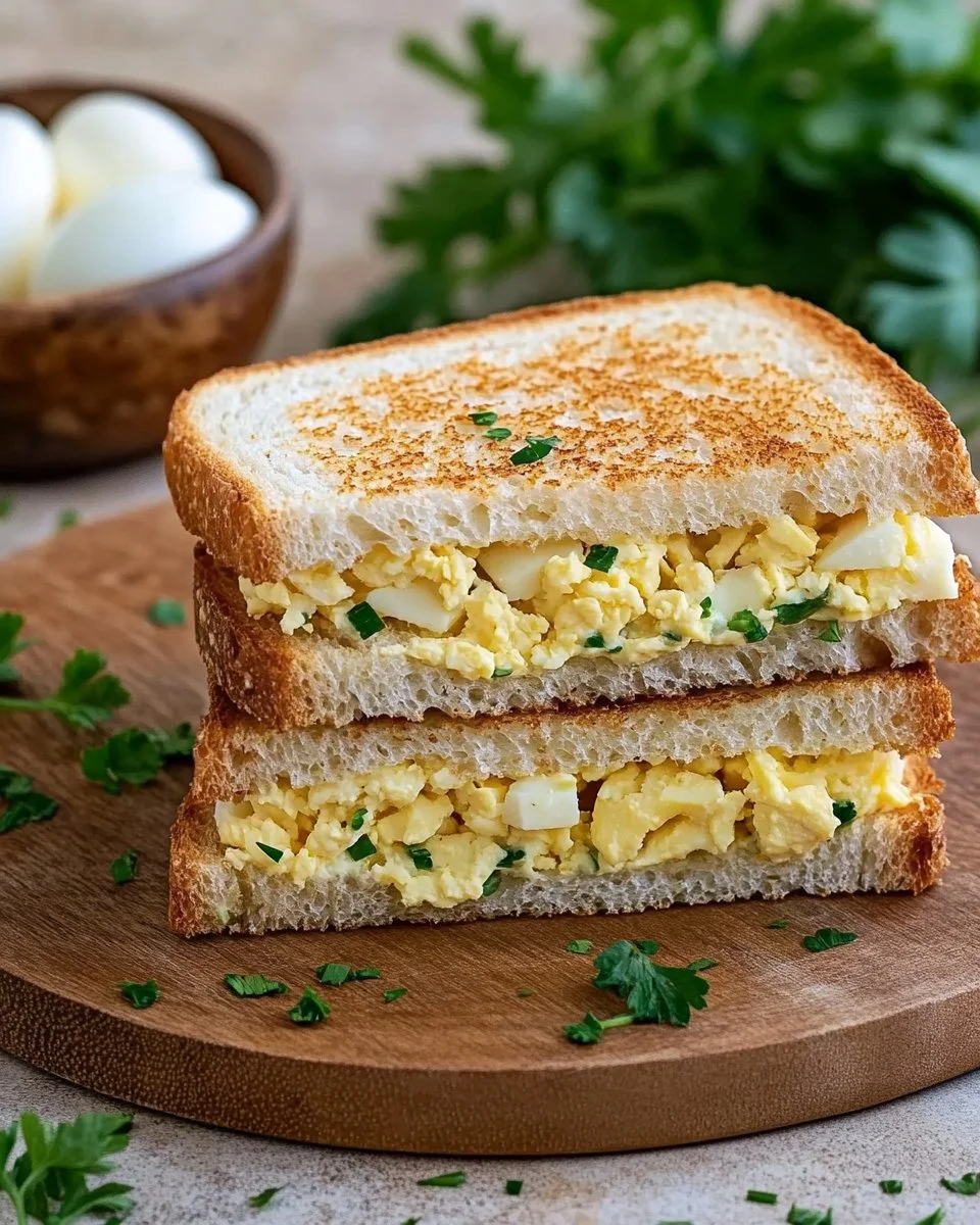 Delicious Egg Mayo Sandwich on a plate, garnished with herbs.