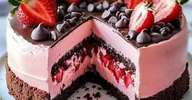 Exquisite chocolate covered strawberry cheesecake layer cake with fresh strawberries