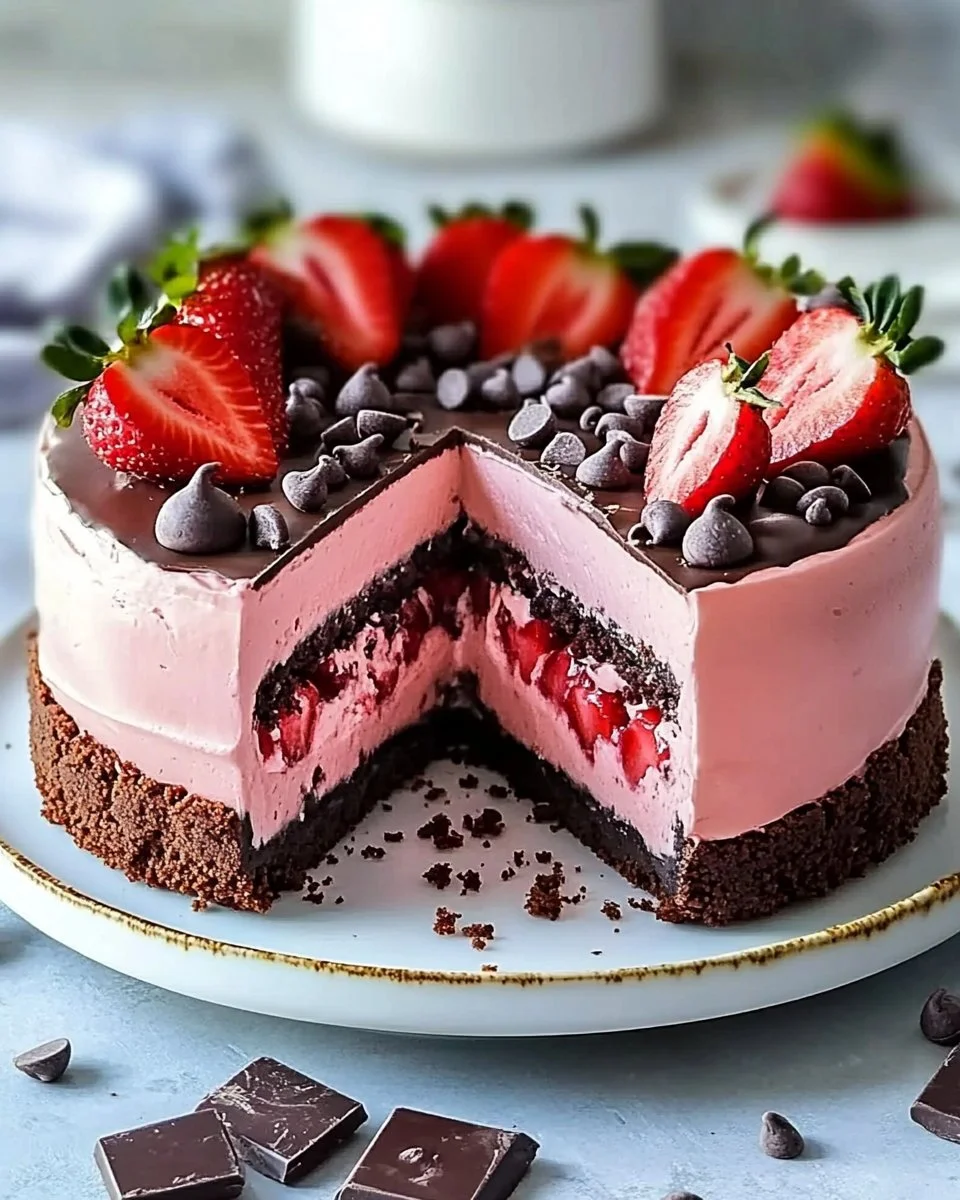 Exquisite chocolate covered strawberry cheesecake layer cake with fresh strawberries