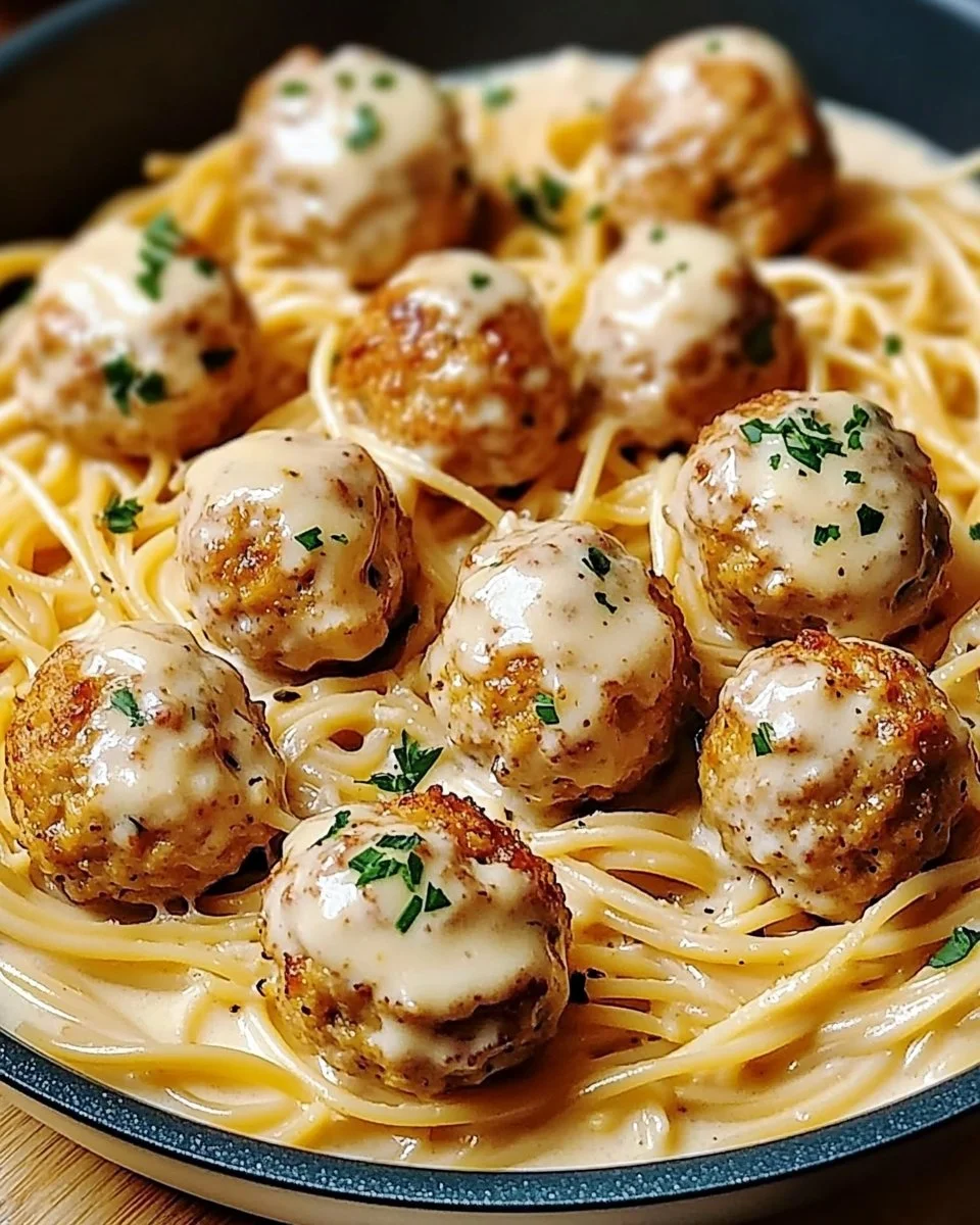 Delicious garlic butter chicken balls served with creamy parmesan pasta.