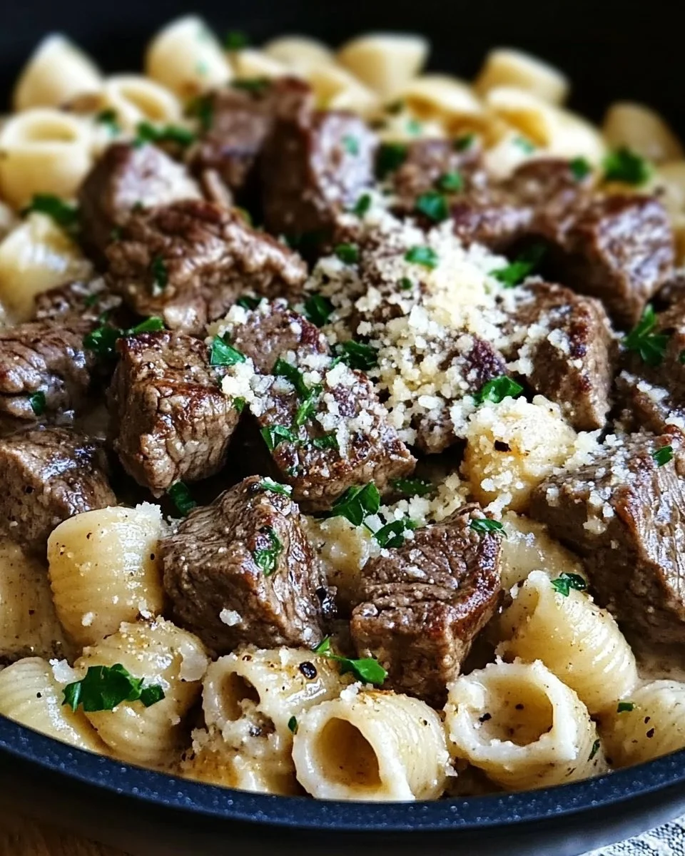 Delicious garlic butter steak bites served with creamy parmesan shells